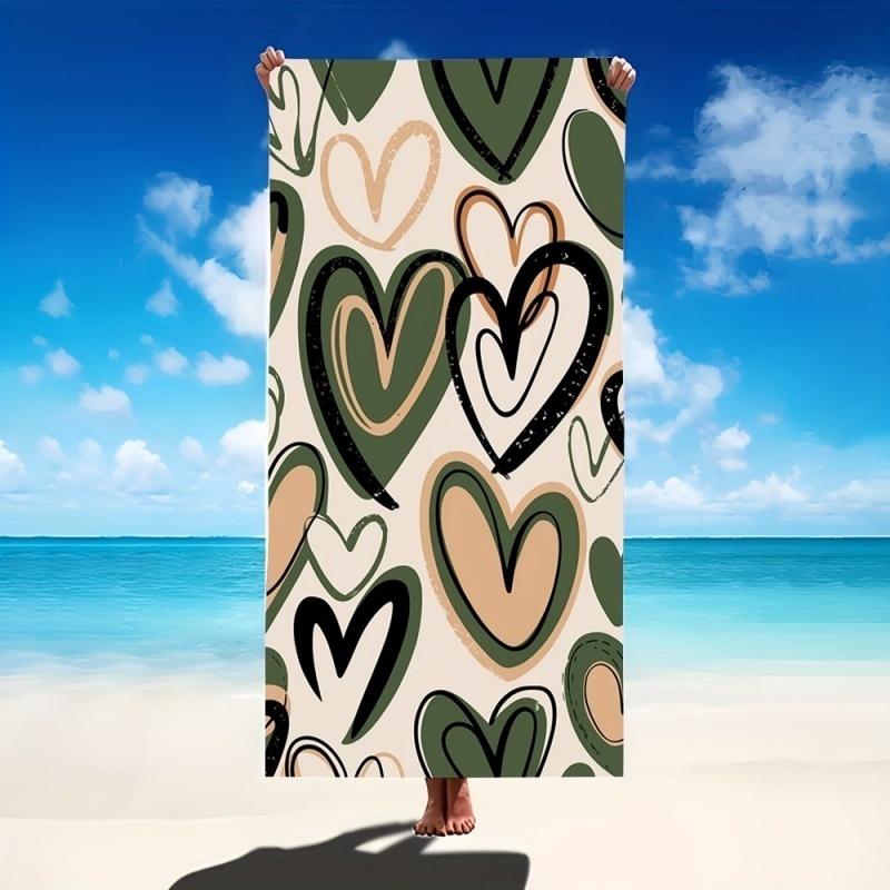 Pink Grid Gradient Heart Print Beach Towel Quick Dry Sandproof Towel Cute Pastel Sweet Style Summer Holiday Pool Towel