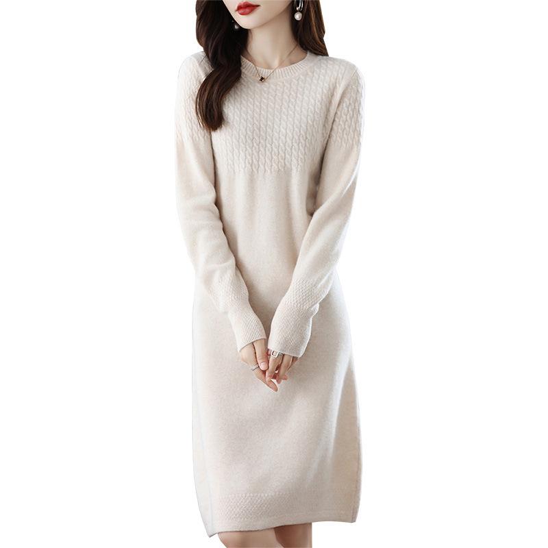 Damen Vintage Locker Gestricktes Kaschmir-Pulloverkleid - Rundhalsausschnitt, Mittellang, Übergröße, Dick für Herbst & Winter
