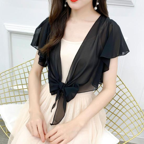 Ruffle Sleeve See-Through Front Lace-up Lady Cover-Up Chiffon Short Jacket Sunscreen