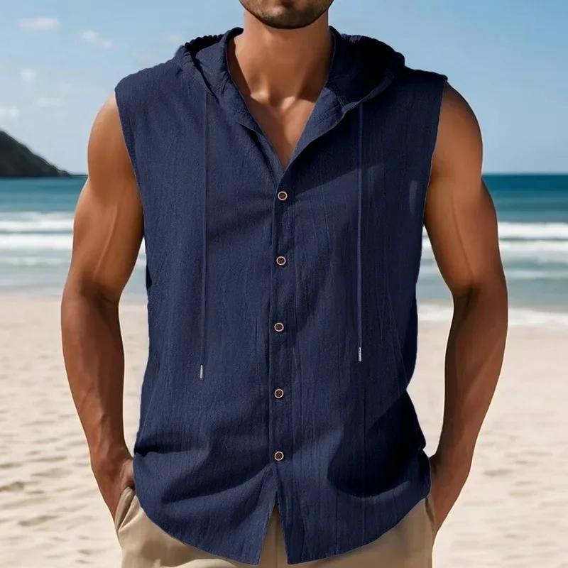 Summer Loose Casual Tank Tops Men American Style Linen Hooded Sleeveless Shirt Hip Hop Trendy Top Comfortable Breathable Vests