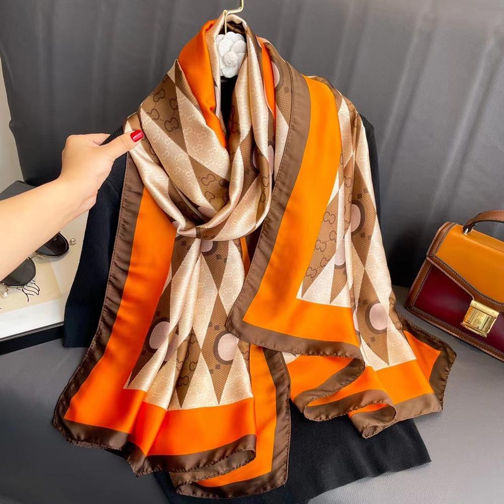 French Design L Silk Scarf Women's Long Satin Spinning Shawl High-end Light Luxury Ins Style Versatile Professional Wear