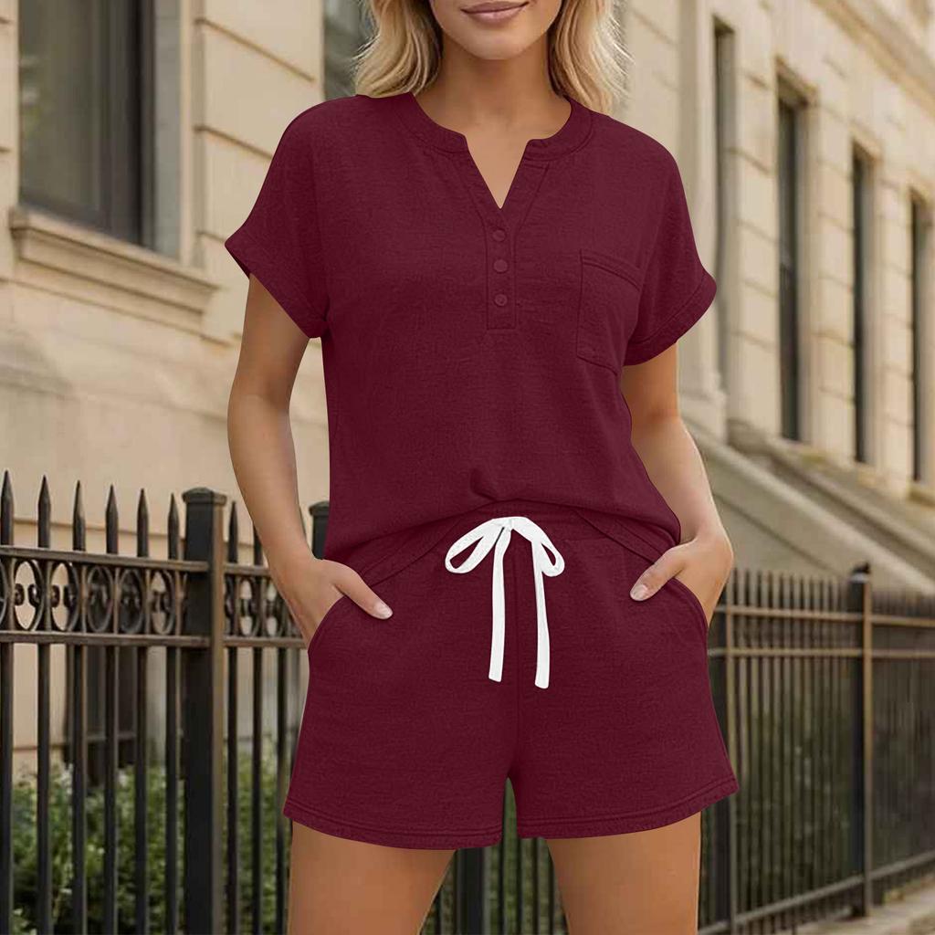 Women Casual Two Piece Lounge Set Short Sleeve Henley Neck Top with Button Detail and Drawstring Waist Shorts Relaxed Fit