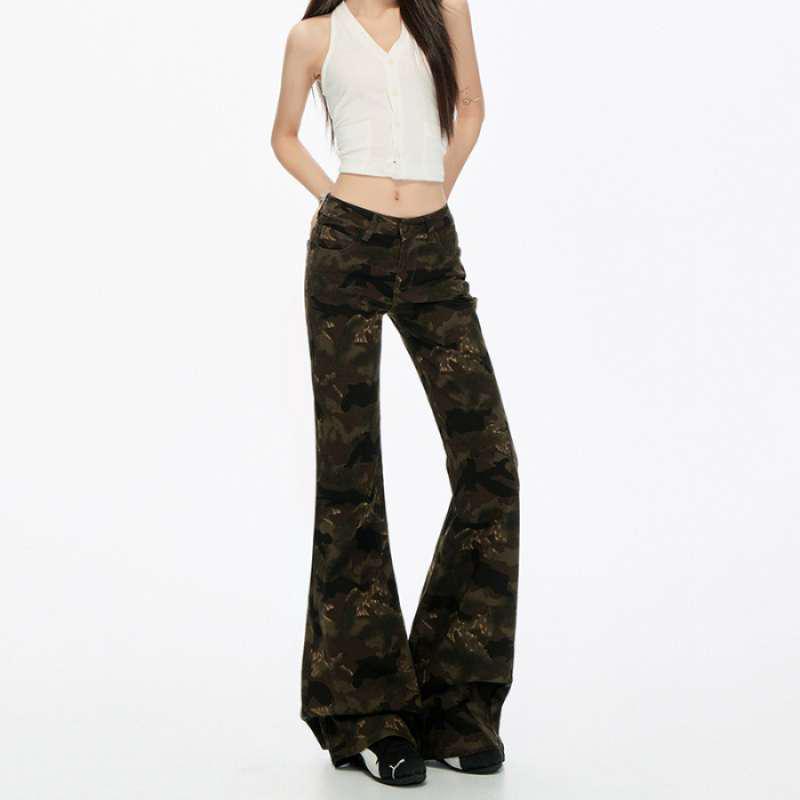 American Retro Camouflage Bell Bottom Pants | High-Waisted Sickle Pattern Stretch Jeans XL