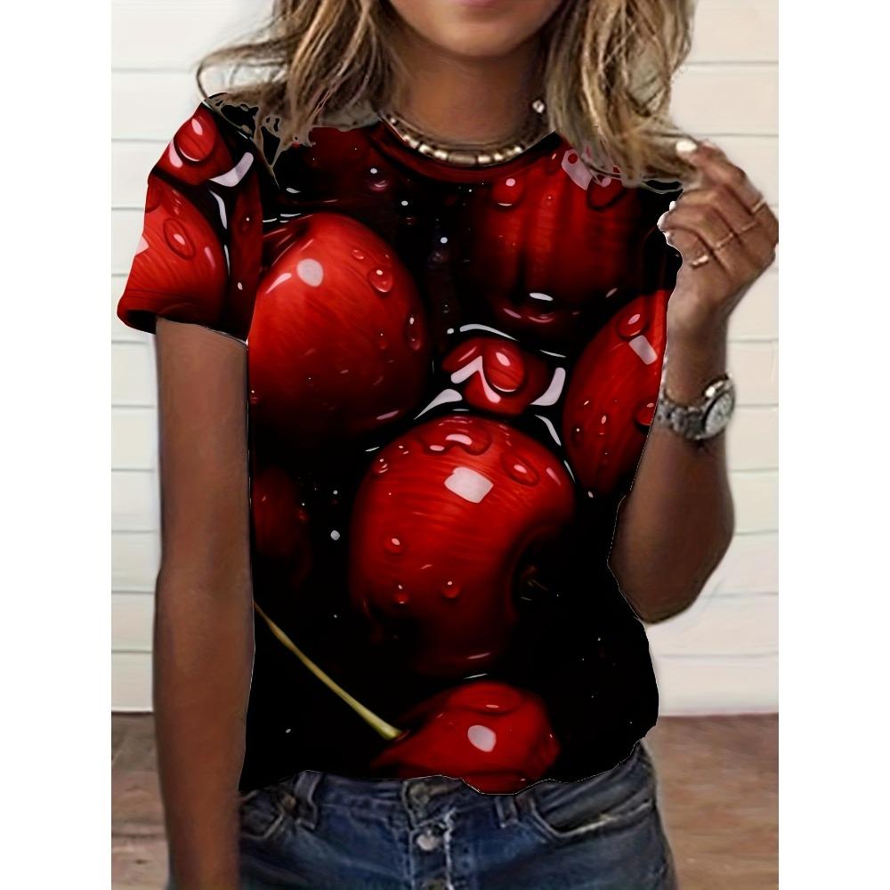 Summer Fashionable Personalized Pattern Cherry 3D T-shirt Soft Comfortable Vintage Loose Creative Women's Round Neck Short Sleeved T-shirt