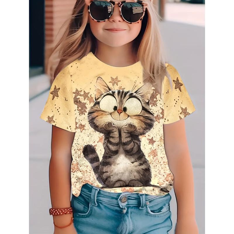 Kawaii Cat Girls Clothes 3D Print Children's T-Shirt O-Neck Pullover Girl Short Sleeve T-Shirt Comfortable Children's Clothing