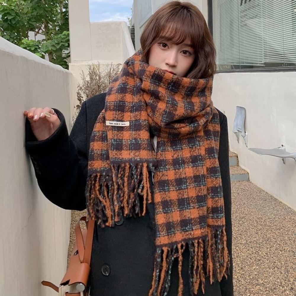 Tassel Winter Cashmere Scarves Plush Long Shawl Retro Plaid Wool Scarf  Autumn