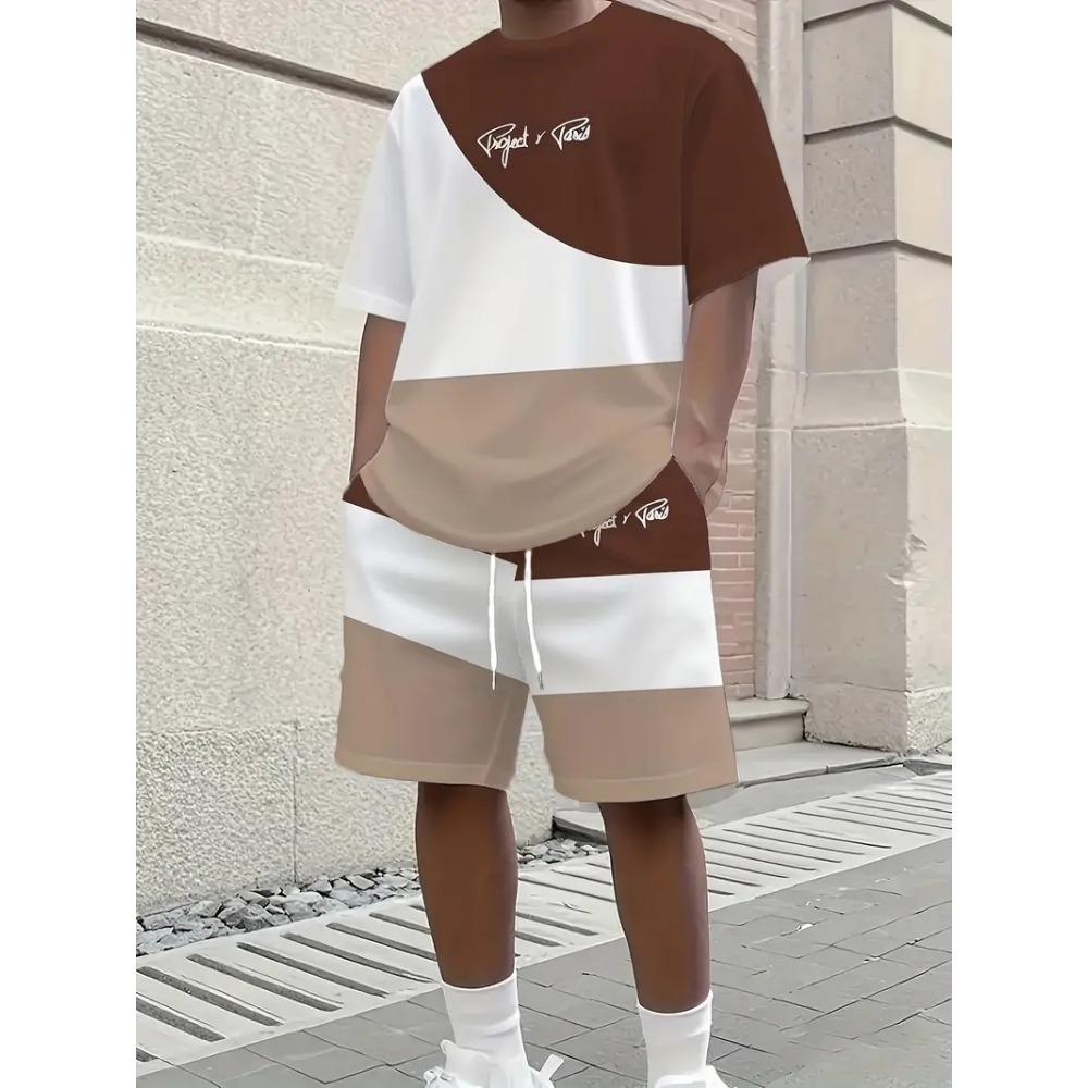 Summer Men's Short Sleeved Shorts 2-piece Set with Plus Size Stitching Color T-shirt Shorts, Clothing Pocket Elastic Waist Shorts