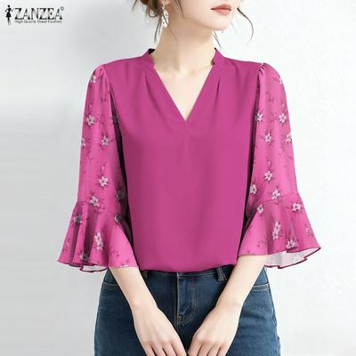 Damen Lässige V-Ausschnitt Lockere Patchwork 3/4 Ärmel Bluse