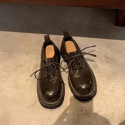 Grape Mother Washed Shrinkage Soft Horse Leather Thick-soled Lace-up Loafu British Lace-up Round Head Small Leather Shoes Women