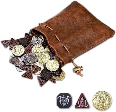 60 Stück DND-Münzen mit Leder-Metallmünzen und Fantasy-Münzen für Brett-Fälschungsspiel Dungeons and Dragons Rollenspiel-Münzenbeutel, Gold, Silber,