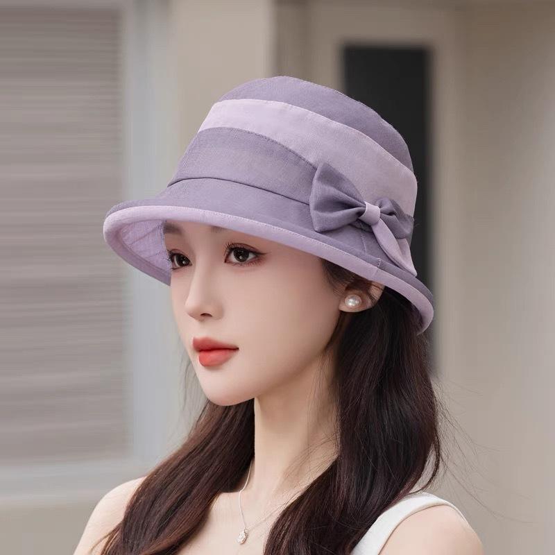 

Sunscreen cap Outdoor breathable and light color matching bow sun hat temperament Eugen yarn basin hat women M（56-58cm）