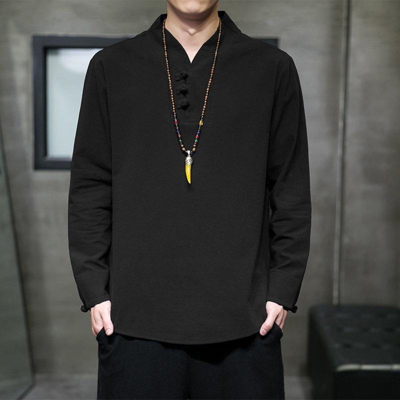 Mens Chinese Style Cotton Linen Stand Collar Long Sleeve Shirt