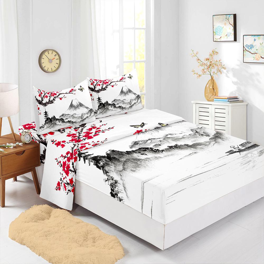 Four-Piece Mattress Sheet Digital Printing Mountain Ink Mattress Protective Cover Bedding
