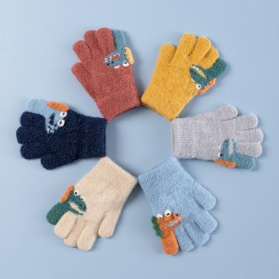 Children's Wool Gloves Primary School Students Autumn and Winter Outdoor Riding Cute Cartoon Dinosaur Knitted Warm Finger Gloves