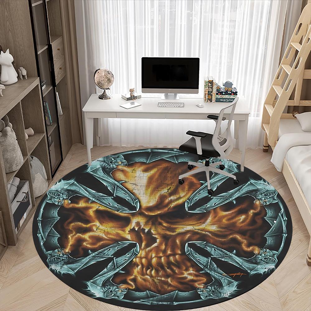 1PC Fiery Skull Office Round Rug, Non slip, Soft and Durable Office Rug for Interior Decoration, Perfect for Office