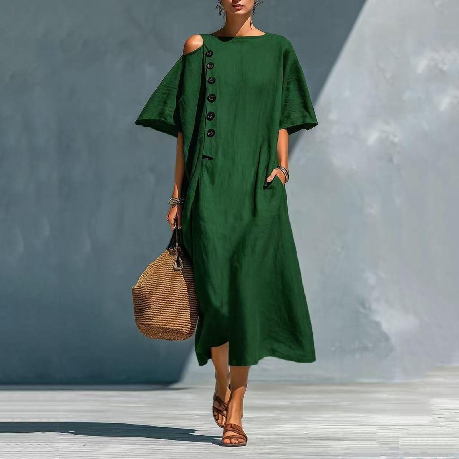 

Women s Fashionable Loose-Fit Round Neck Casual Cotton-Linen Blend Shirt Dress XXL зелений