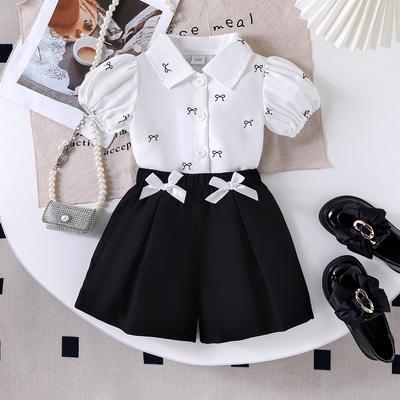 Modny Zestaw Dziewczęcy Letni Dziecięcy Elegancki Top z Krótkim Rękawem i Nadrukiem Kokardki + Szorty