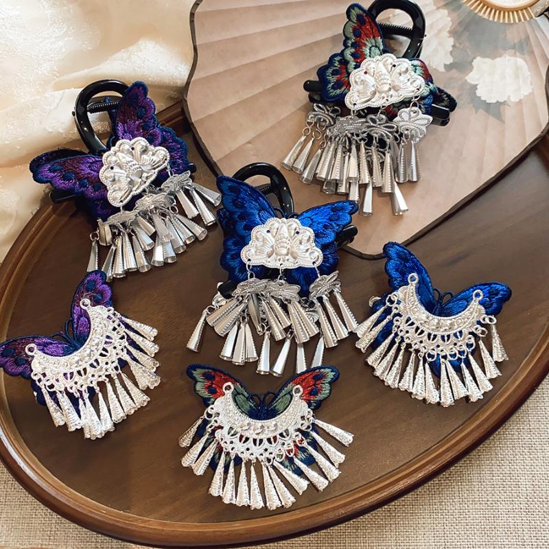 Chinese Style Kniting Butterfly Hair Claws Women'S Purple Long Flower Tassel Shark Grab Clips Vintage Hanfu Headpiece W