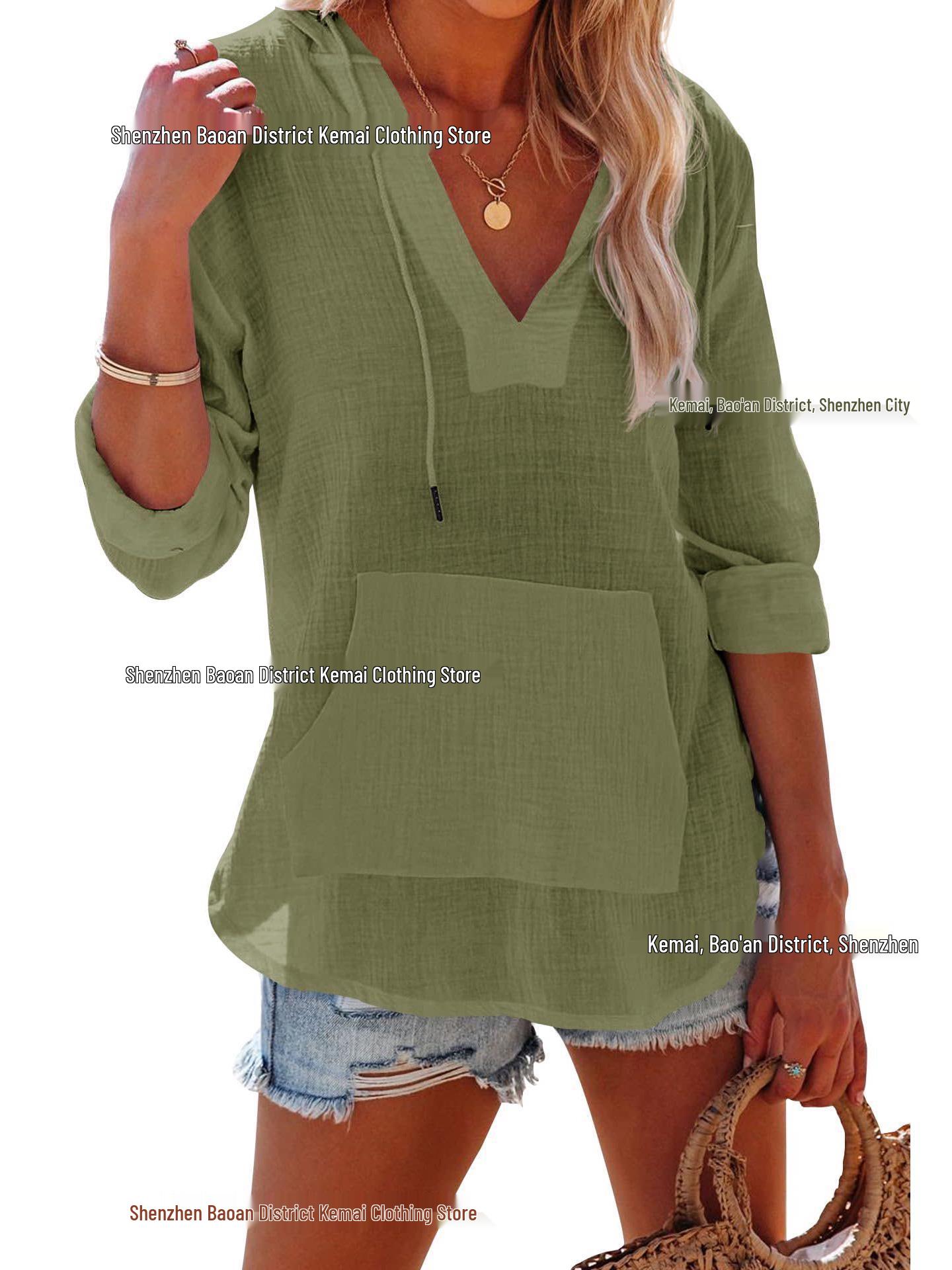 

European & Asian 2025 Spring/Summer Women s V-Neck Long Sleeve Beach Hoodie with Pocket S