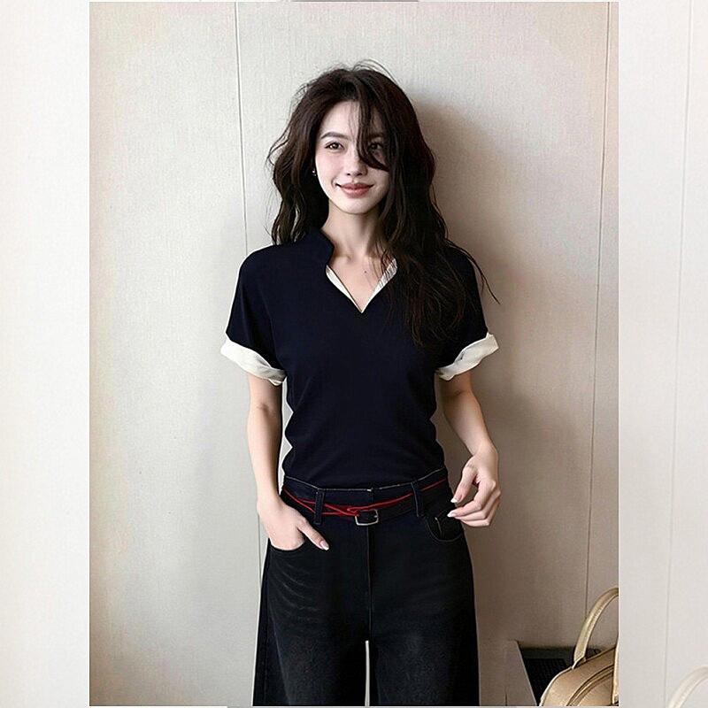 Black V-neck Front Shoulder Short-sleeved T-shirt Women's Summer Women's Clothing New Summer Ootd Wear Korean Beautiful Top