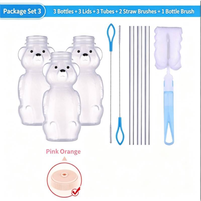Small Bear Drink Cup Set With Silicone Straws And Brushes For Kids And Teens