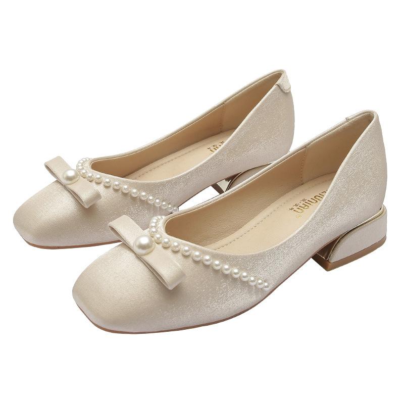 Fashion Women Pumps Mid Heels Fashion Sweet Square Toe Chunky Heel Shoes Pearl Satin Bowknot Woman Wedding Party Bride Shoes Ladies 43