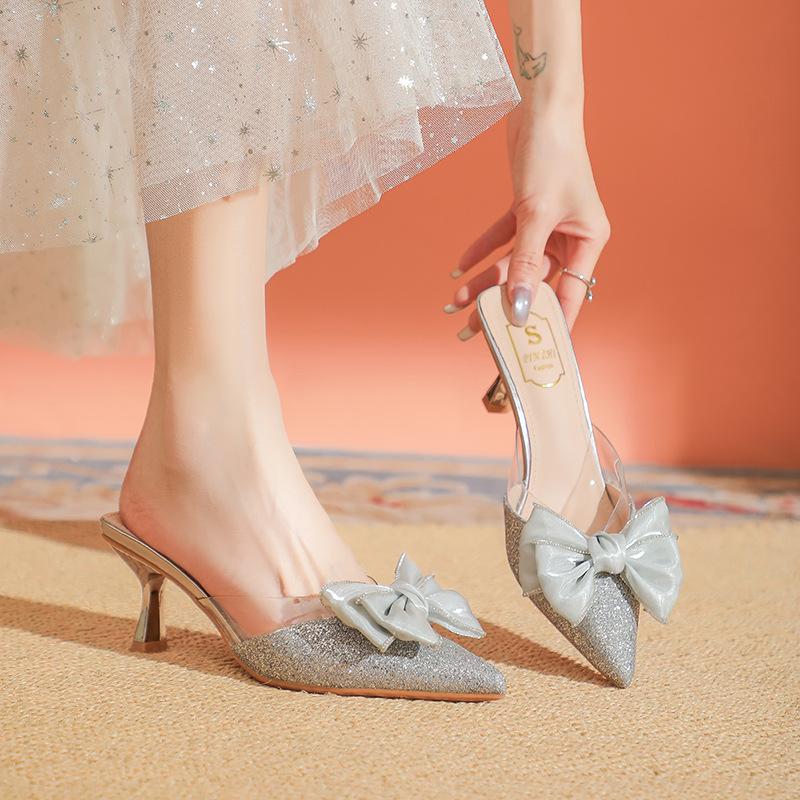 Spring and Summer New Bow Rhinestone Pointed Half Slippers Femininity Wear Sandals Stiletto High Heels