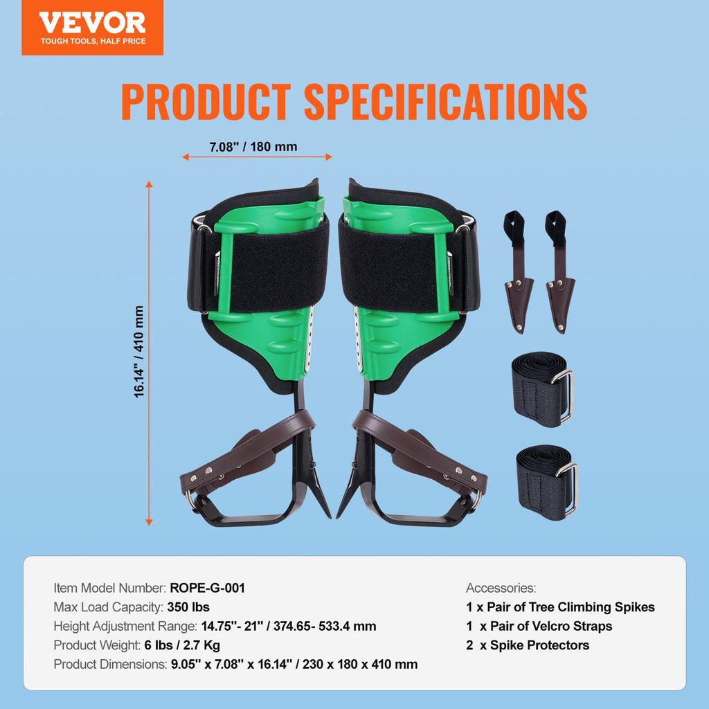 VEVOR Tree Climbing Spikes, 1 Pair Alloy Steel Climbing Spurs, 350lbs Load Capacity Tree Climbing Gear with Straps and Spike Protectors