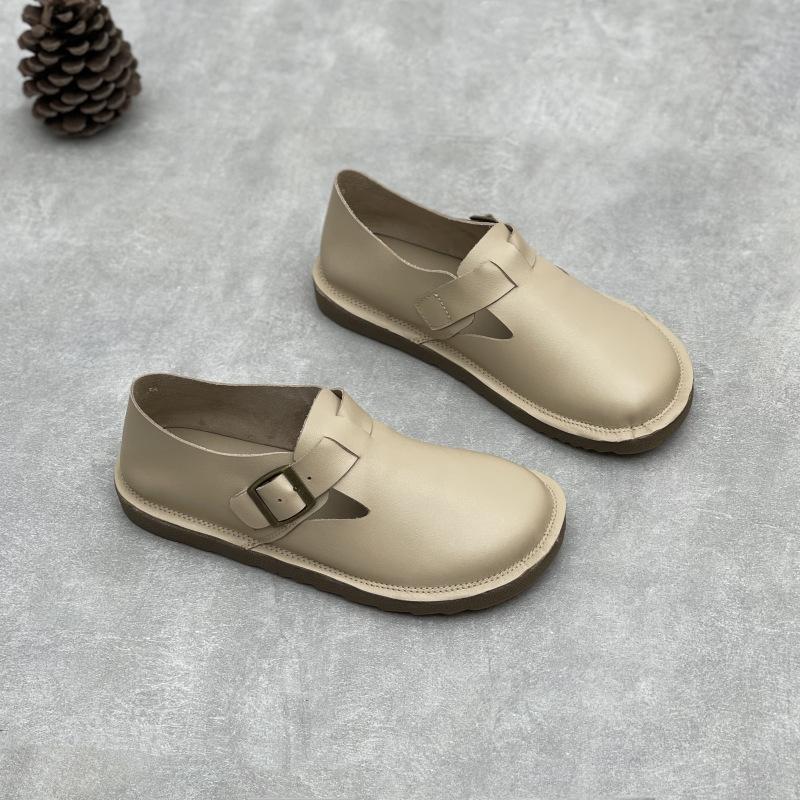 Johnature Handmade Genuine Leather Loafers Casual Women's Shoes Soft Soled Soft Cowhide Solid Color Flat Shoes