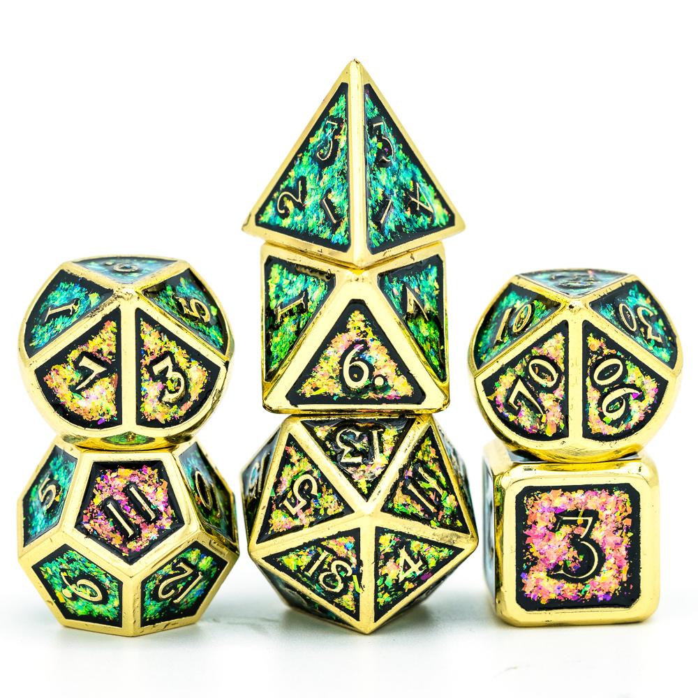 Cusdie Metal Glitter Dices DND 7Pcs Frame Solid D&D Dice D4-D20 Polyhedral Dice Set for Role Playing Game Pathfinder TRPG