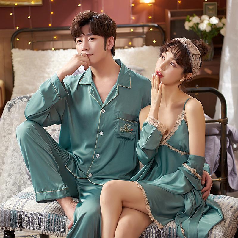 New bride wedding couple pajamas women's silk ice silk sexy suspender nightgown nightgown dressing gown burgundy suit