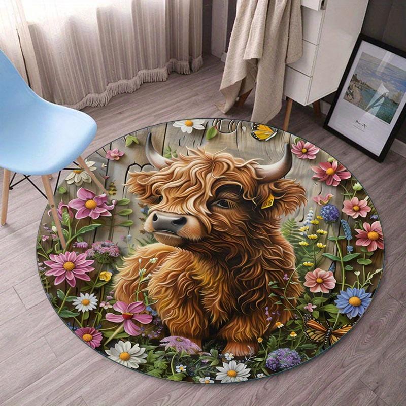 

Highland Cow Floral Garden Round Crystal Velvet Rug Country Farm Animal Decorative Floor Mat for LivingHome DecorationNature Art 60cm x 60cm