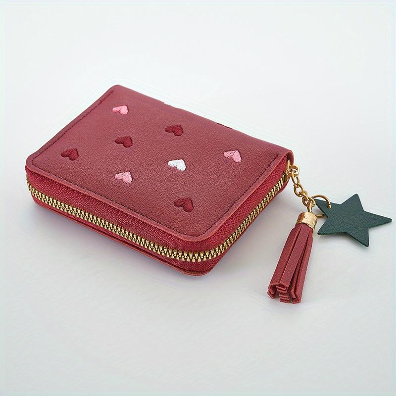 Skórzana torba na karty Mini portfel damski klips na pieniądze haftowana miłość wielofunkcyjny portfel damski krótki certyfikat torby do przechowywania