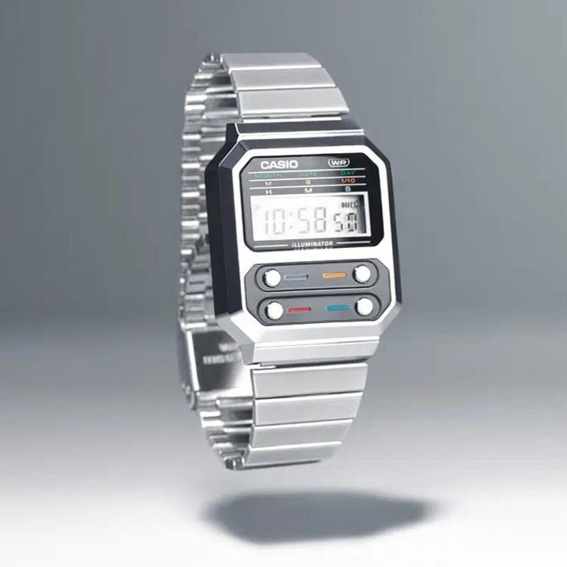 Casio VINTAGE serisi-A100 Pac-Man temel modeli küçük kare saat kronograf alarm saati çok fonksiyonlu kuvars mekanizma Japon ve Kore A100WE-1A