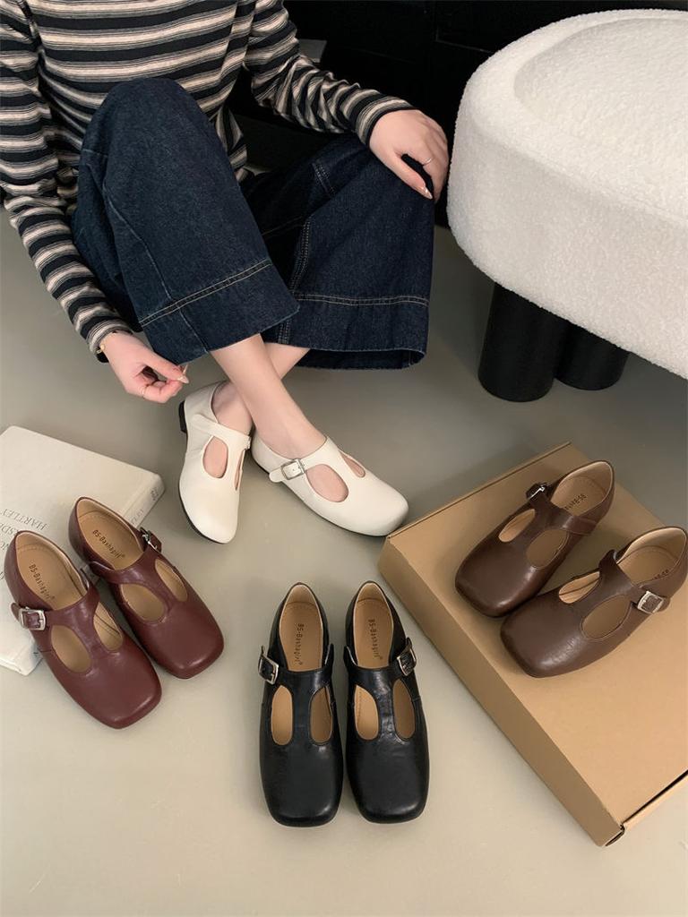 Fashion IPPEUM Women Ballet Flats Shoes Square Toe Buckle Black PU Leather Vintage Ballerina Shoes