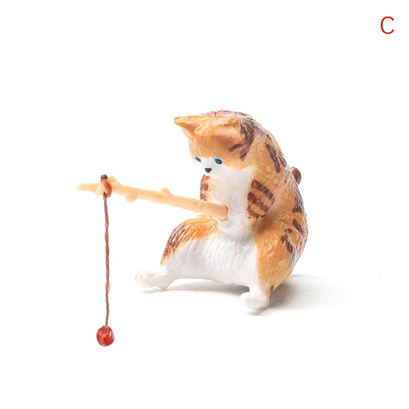 Fishing Cat Ornaments Aquarium Decoration Fish Landscaping Cartoon Cat Statue Mini Resin Figurine Home Decorations