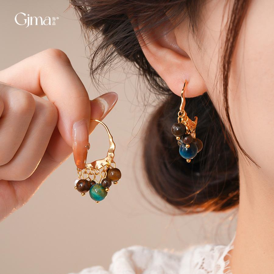 18k Real Gold Electroplated Retro Tiger's Eye Stone Beaded Pearl Earrings, Earrings, Personalized Earrings.