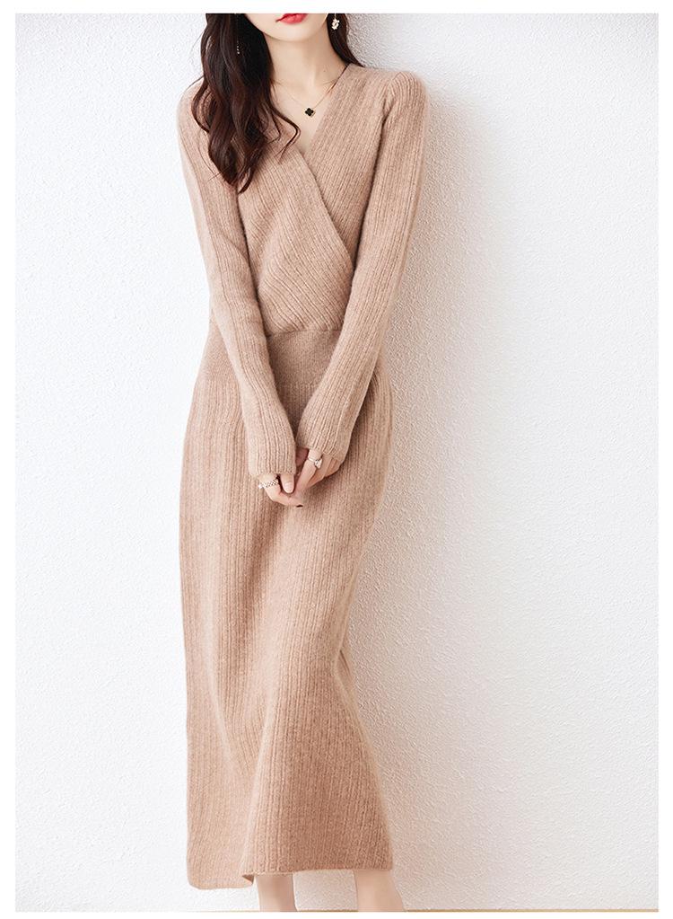 Women's 100% Pure Wool Mid-Length V-Neck Sweater Dress - Long Sleeve, Below Knee, Autumn/Winter Style