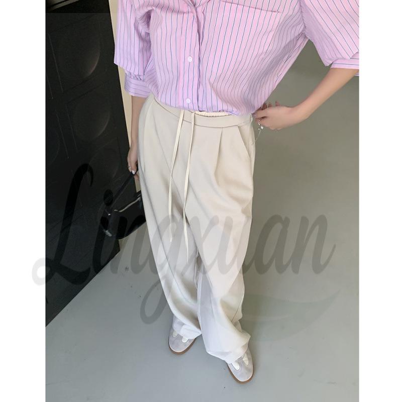 2026 Spring Elastic Waist Drawstring High Waist Wide Leg Suit Pants - Women s Casual Style Small