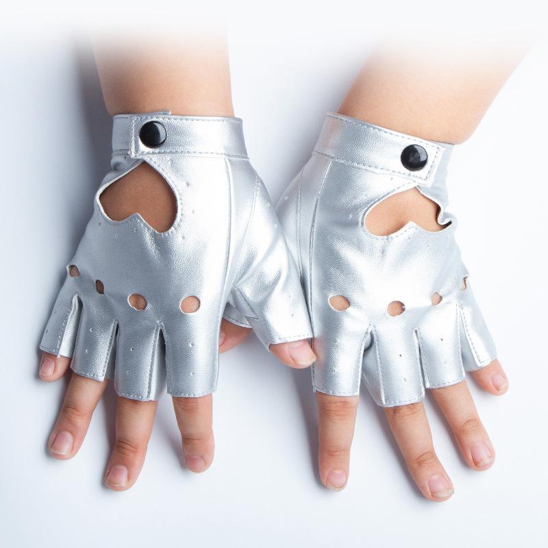 Nightclub Pole Dance Performance Gloves Female Patent Leather Half Fingered Star Dress PU Imitation Leather Peach Heart Rivet Street Dance