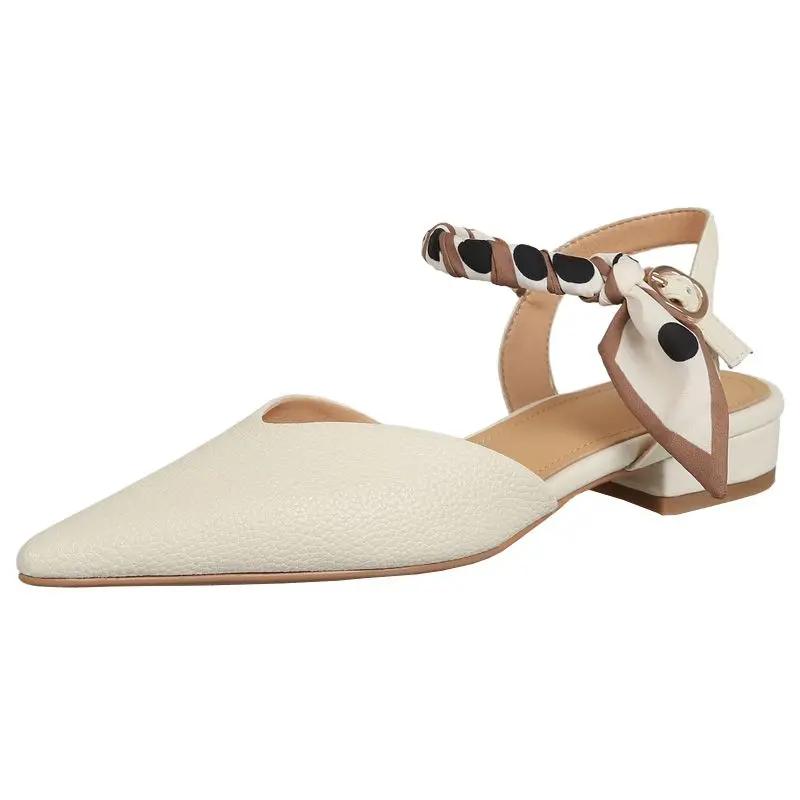Fashion Summer 2024 Sandals for Women Office Work Outdoor Leather Pointed Toe Flat Rubber Buckles with Low Heels White No Heel Footwear