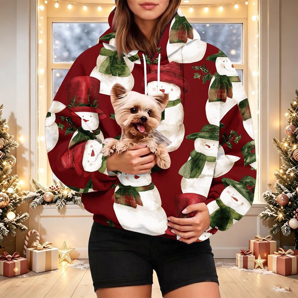Women's Stylish Christmas Print Hoodie with Pet Pocket, Casual Holiday Pullover for Winter Wear