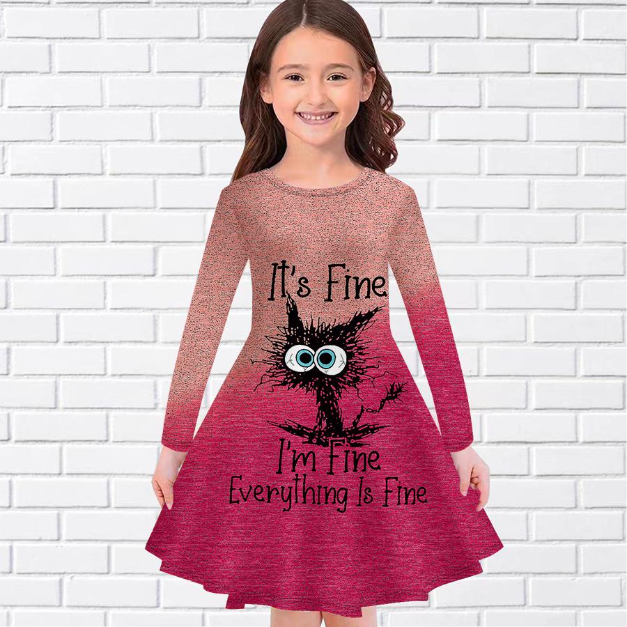 Girl Casual Gradient English Cat Print Round Neck Long Sleeve Dress Kid Princess Dress
