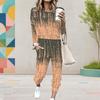 Women Plus Size Patchwork Printed Round Neck Long Sleeve Cuffed Top And Pants With Pockets Two Piece Set