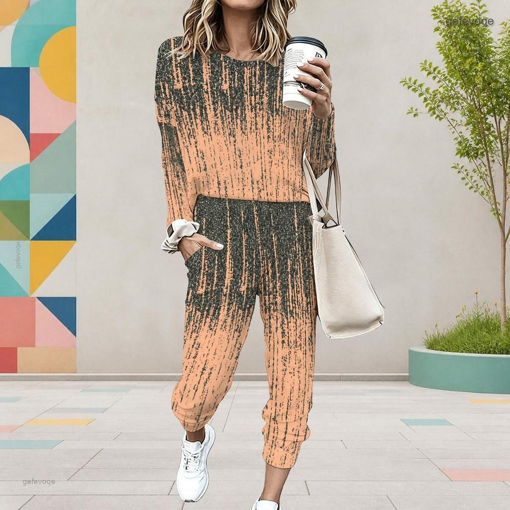 Women Plus Size Patchwork Printed Round Neck Long Sleeve Cuffed Top And Pants With Pockets Two Piece Set