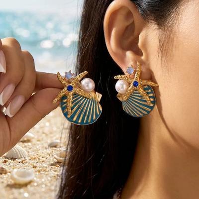Trend Seashell Starfish Stud Earrings for Women Elegant Imitation Pearl Zircon Sea Star Earring Beach Party Vacation Jewelry