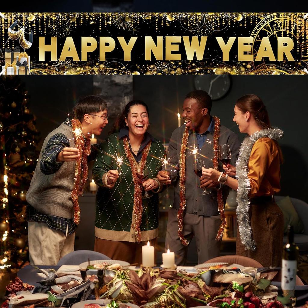 Long Happy New Year Banner 2026 Black Gold New Years Eve Party Decorations Banner Backdrop, 118 × 20 inch Sparkle Photo Booth Sign Background for