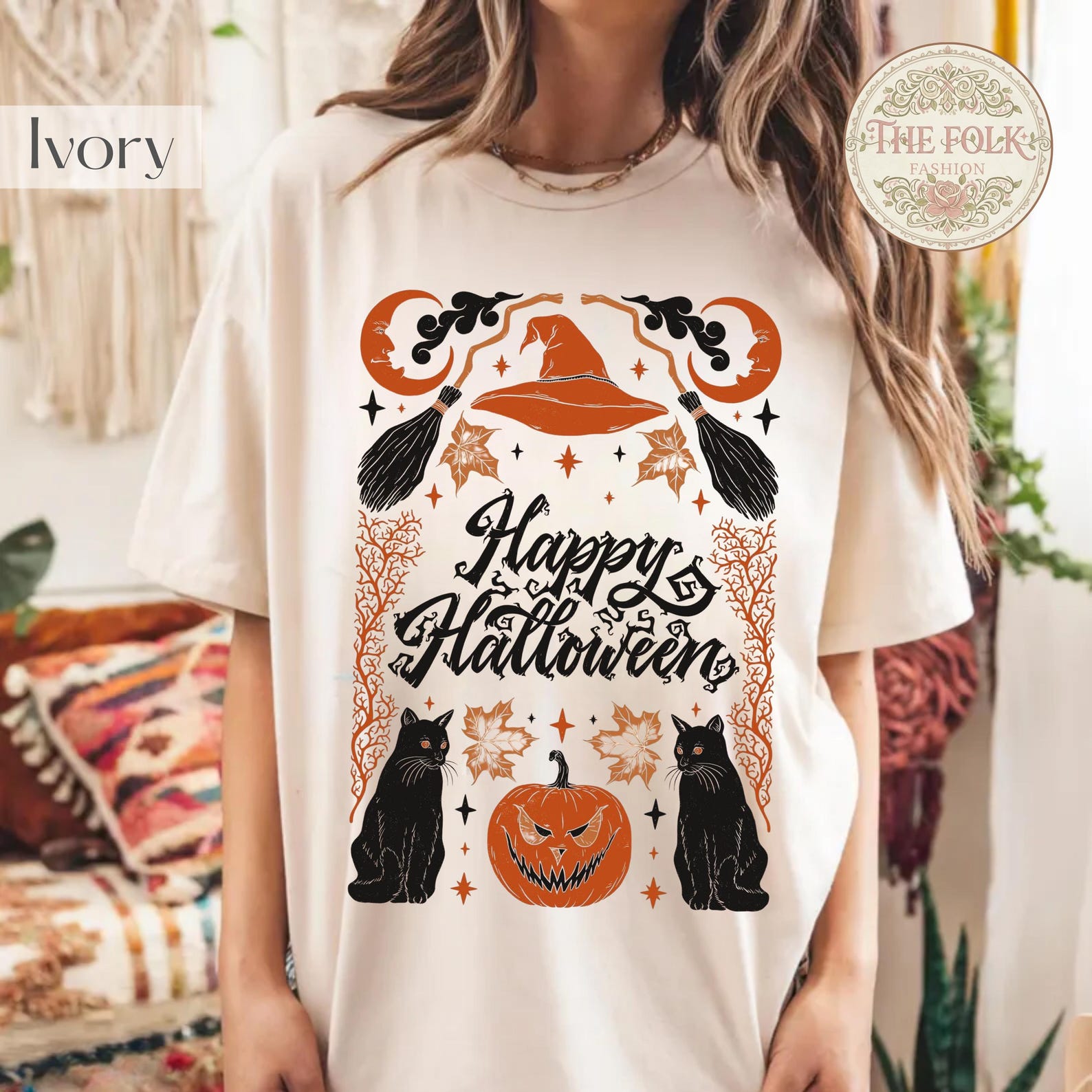 Vintage Happy Halloween Shirt, Aesthetic Witchy Black Cat Tee, Spooky Season Celestial Moon Tshirt, Retro Pumpkin Witch Hat Gift L