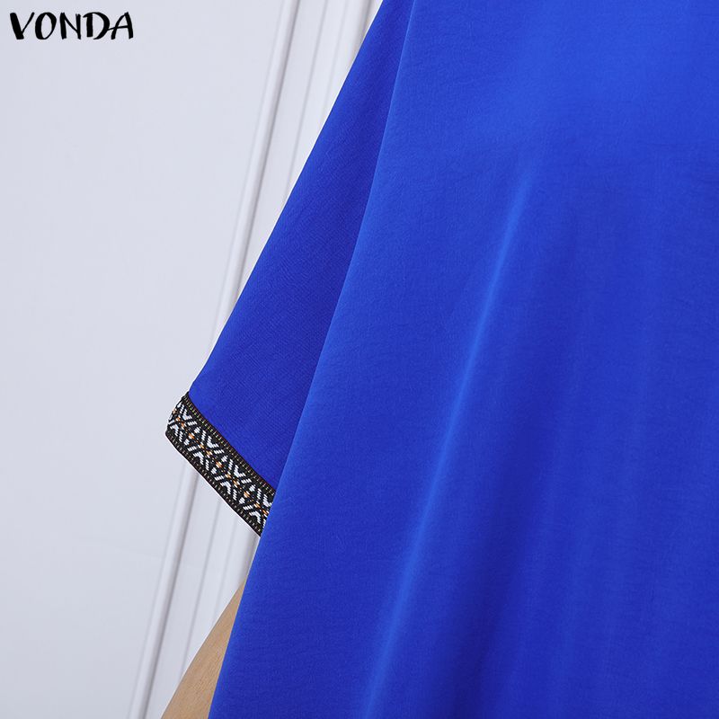 VONDA Women Casual Round Neck 3/4 Sleeve Splicing Casual Baggy Long Maxi Swing Dress