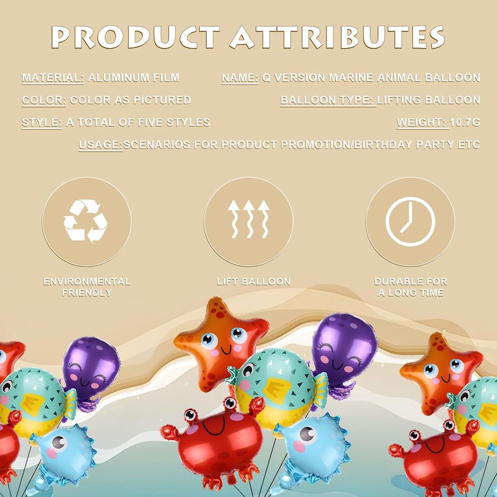 BLMHTWO 5 PCS Sea Animal Balloons,Under The Sea Balloons Foil Party Decorations Seahorse Starfish Globefish Crab Octopus for Kids Birthday Party